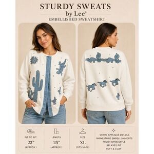 Vintage Sturdy Sweats by Lee Southwest Cardigan XL White Fleece RhinestoneCactus